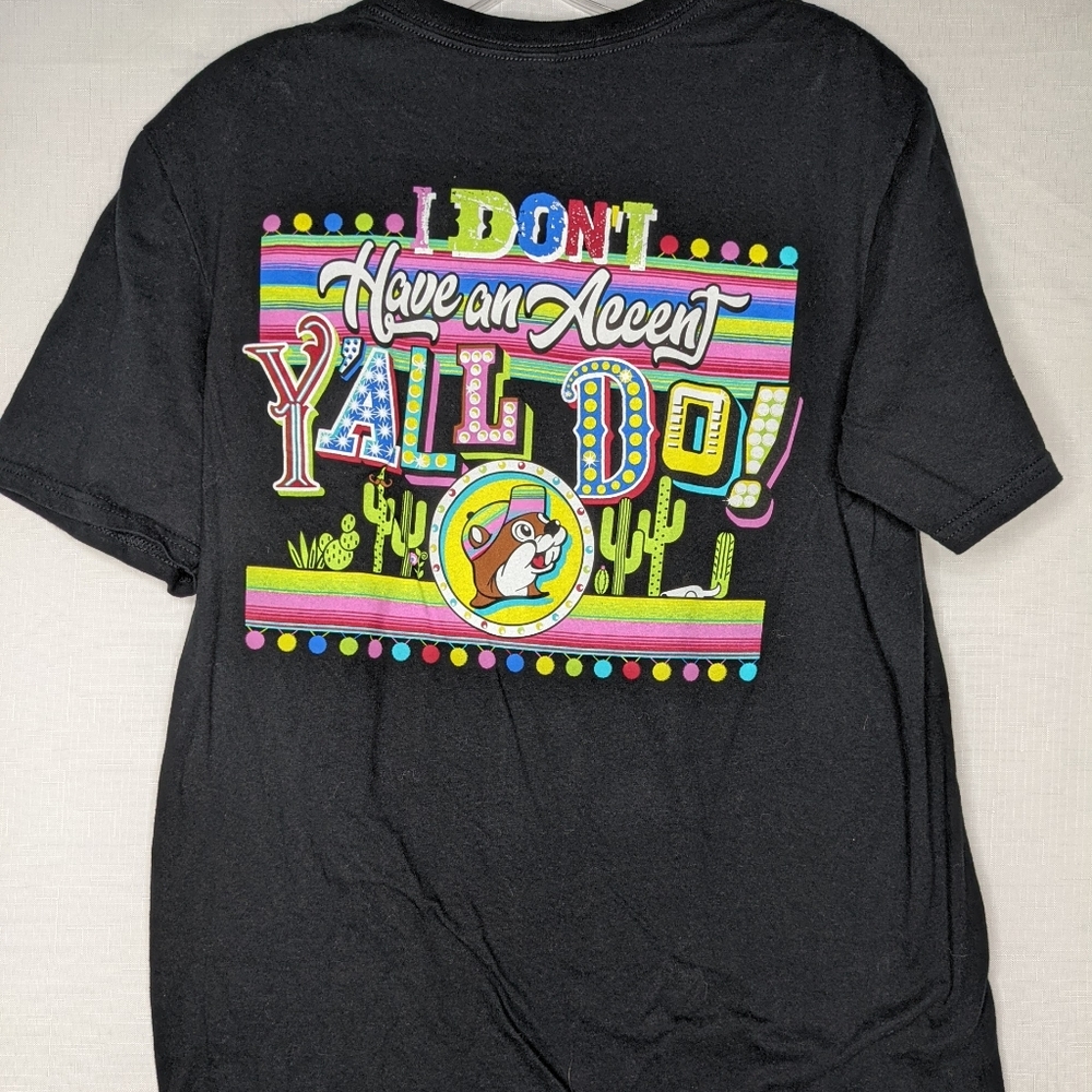 Buc-ees "I don't have an accent y'all do" Black Graphic Beaver Logo Tee Sz Med - Picture 2 of 6